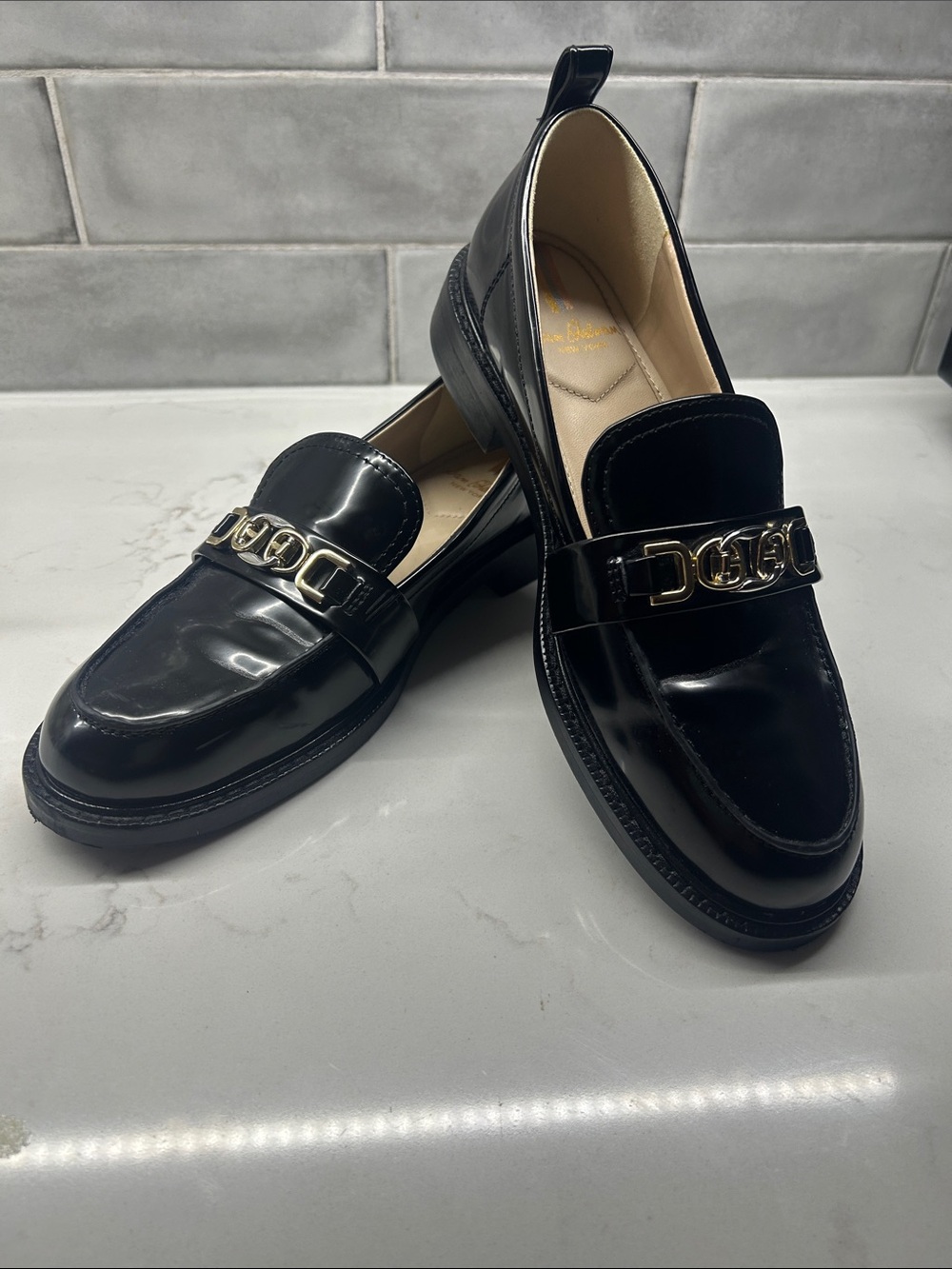 Sam Edelman Black Patent Loafers with Gold Chain Detail